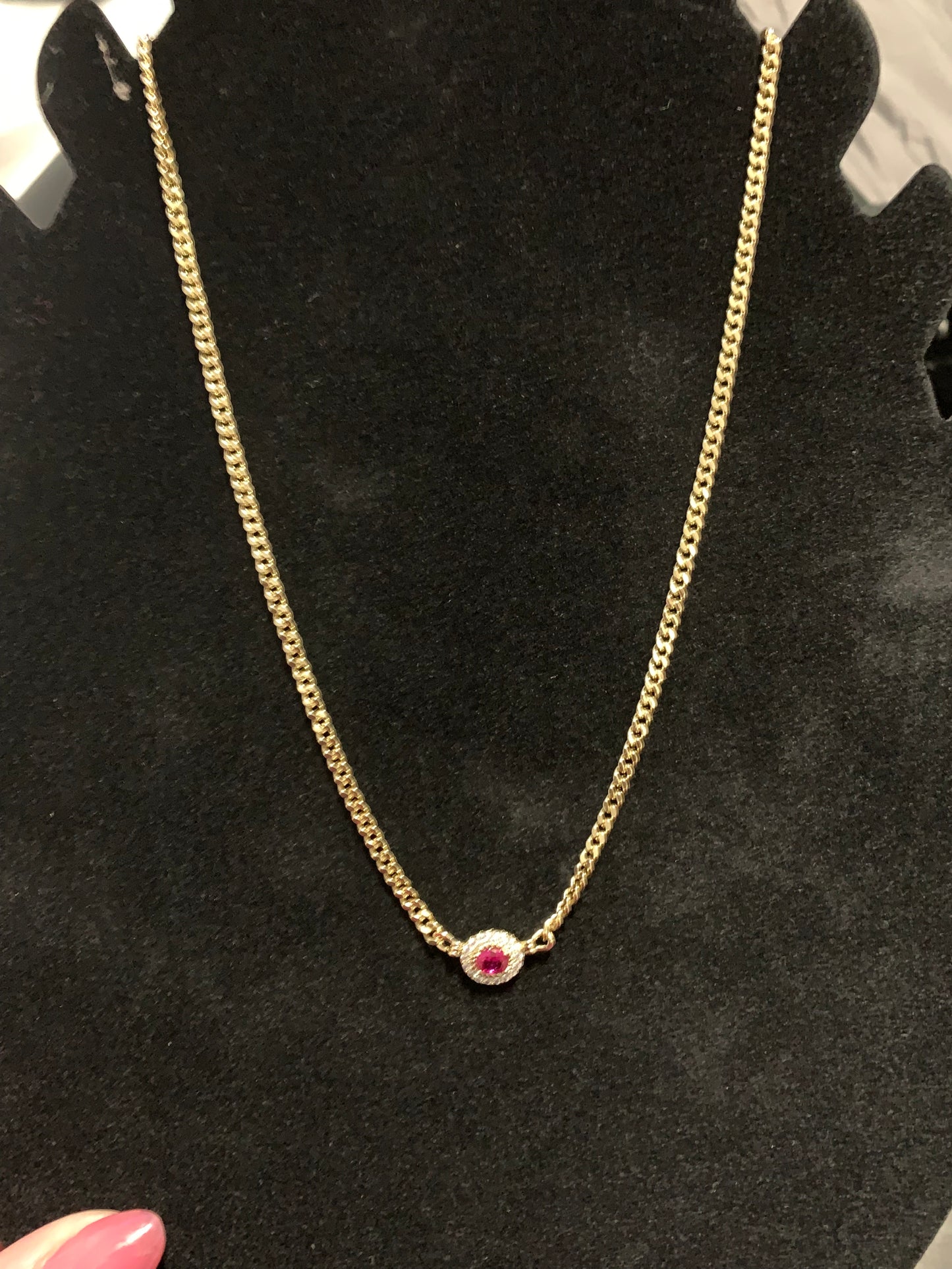 Necklace 18” Gold Plated 14k has a hot pink bead in the middle and crystals around it