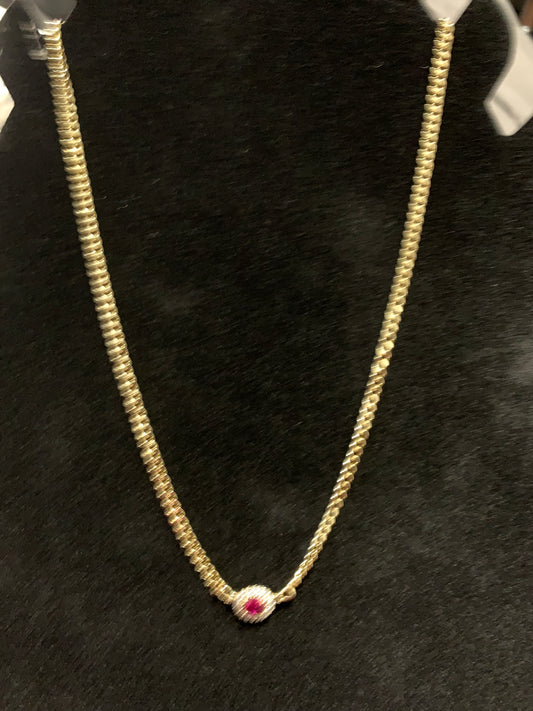 Necklace 18” Gold Plated 14k has a hot pink bead in the middle and crystals around it